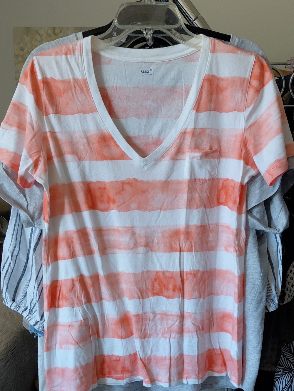 GAP Women’s Coral and White Striped V-Neck Pocket Tee